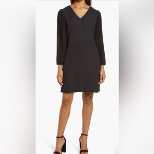 Sam Edelman Pleated Long Sleeve V-Neck Shift Black Dress Size 10